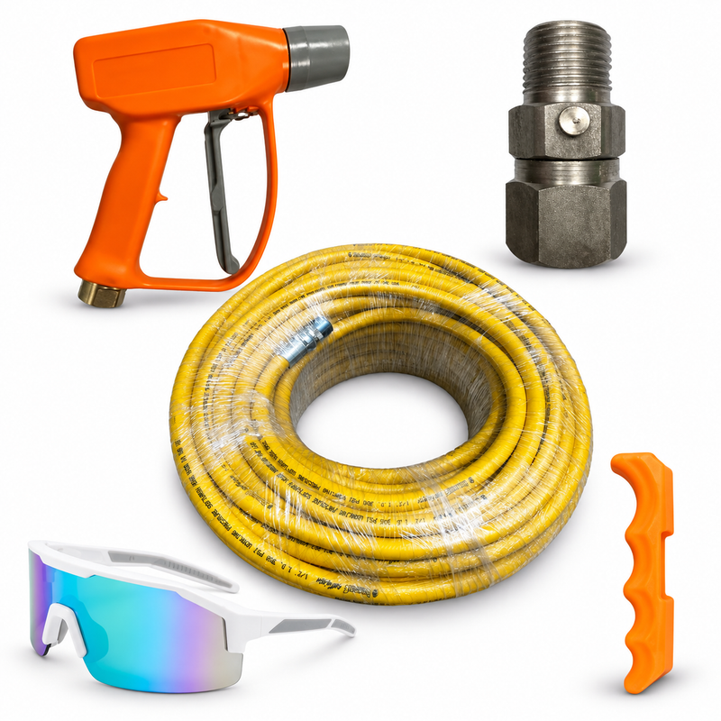 Glomatek washdown bundle with WaterBoss spray gun, swivel, hose, safety glasses and trigger clip