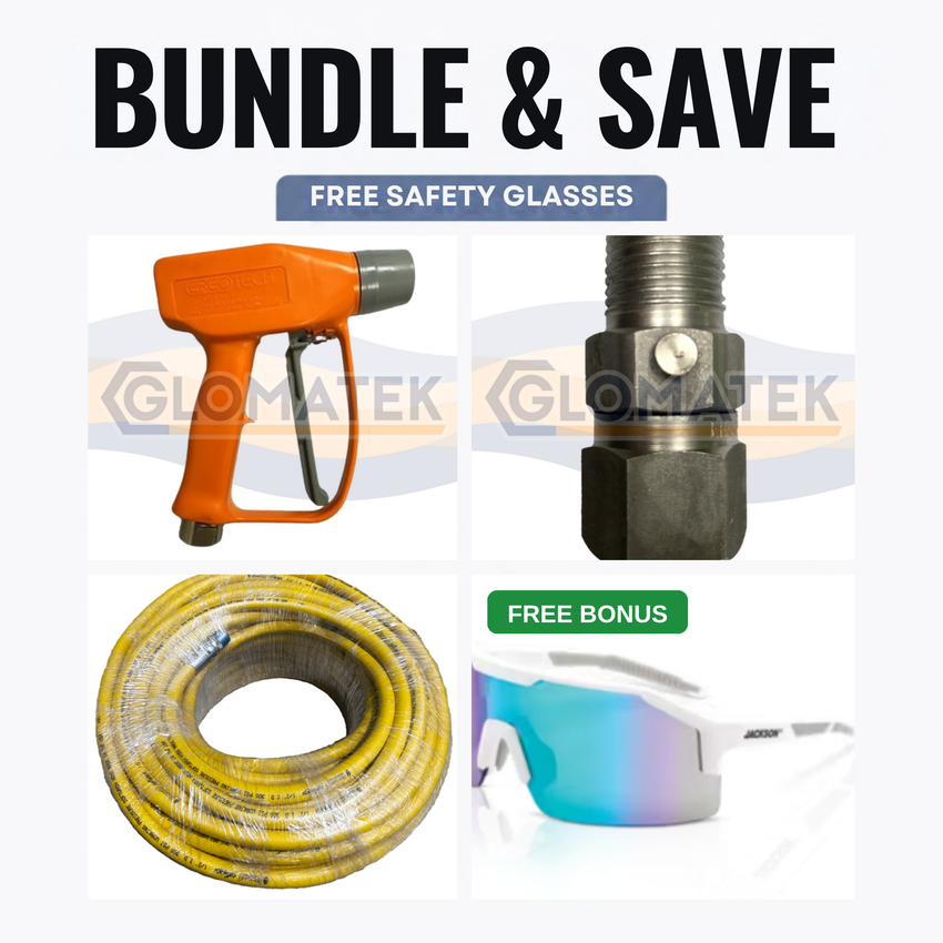 Spray gun, live swivel, yellow Rampage hose and FREE BONUS safety glasses