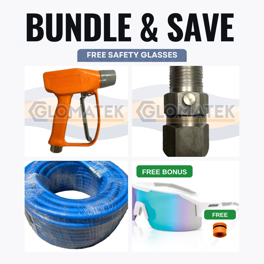WaterBoss spray gun and blue hose bundle with free safety glasses and free valve seat