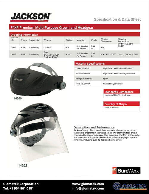 F4XP Face Shield-Clear 8" x 15.5" Window - Glomatek Corporation