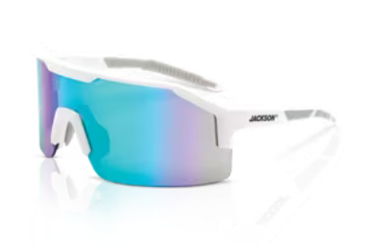 Free anti-scratch safety glasses, white frame with green mirror lenses